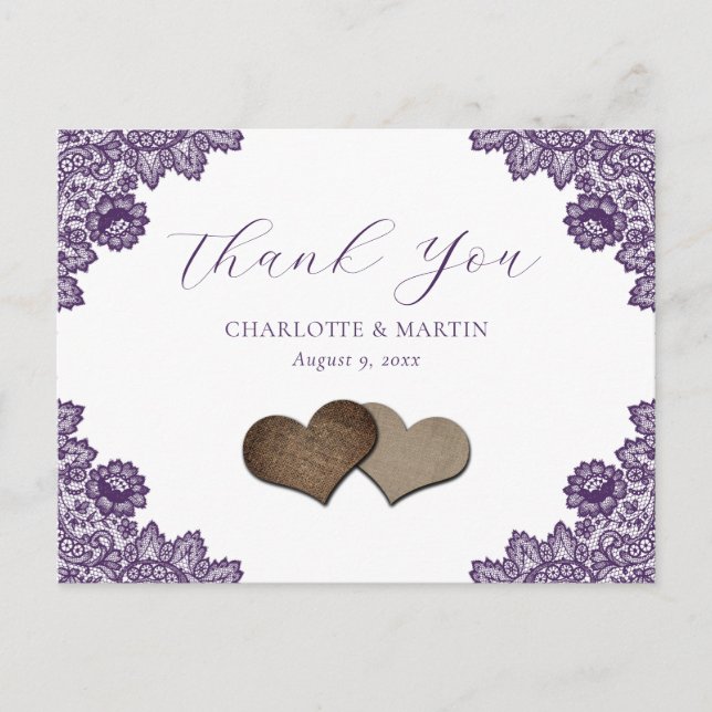 Carte Postale Purple Floral Lace Burlap Hearts Wedding Thank You (Devant)