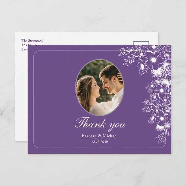 Carte Postale Purple Floral Photo Wedding Thank You (Devant / Derrière)