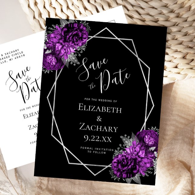 Carte Postale Purple Floral Silver Geo Frame Black Save the Date (Créateur téléchargé)