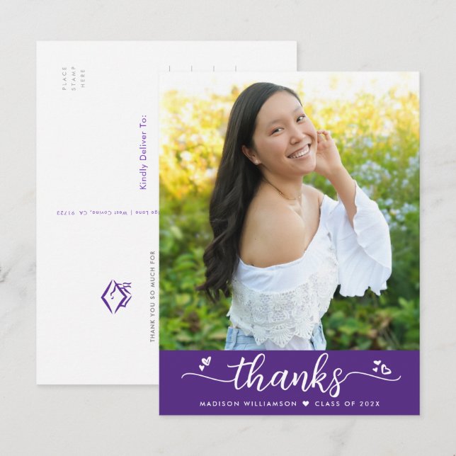 Carte Postale Purple Graduation Photo Script Coeurs Merci (Devant / Derrière)