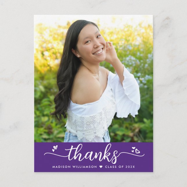 Carte Postale Purple Graduation Photo Script Coeurs Merci (Devant)