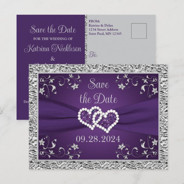 Carte Postale Purple, Grey Love Coeurs Mariage Enregistrer la da (Devant / Derrière)
