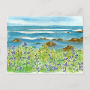 Carte Postale Purple Lupines Aquarelle Fleur sauvage Vagues océa