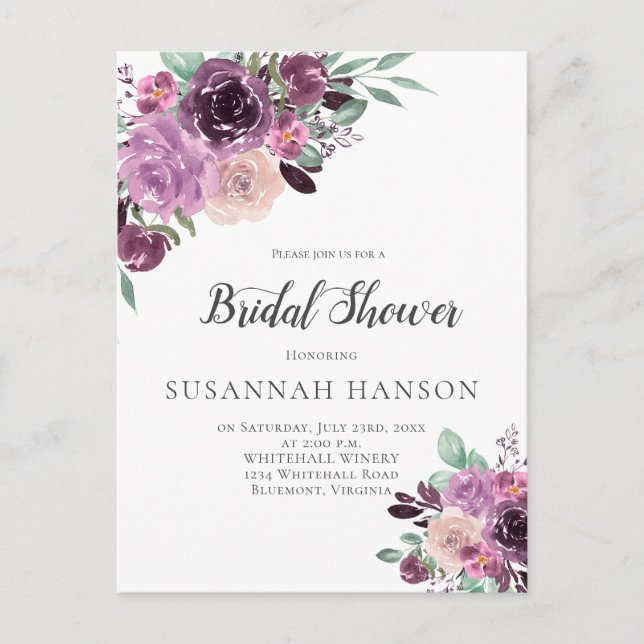 Carte Postale Purple Mauve Sangria Floral Bridal Shower (Devant)