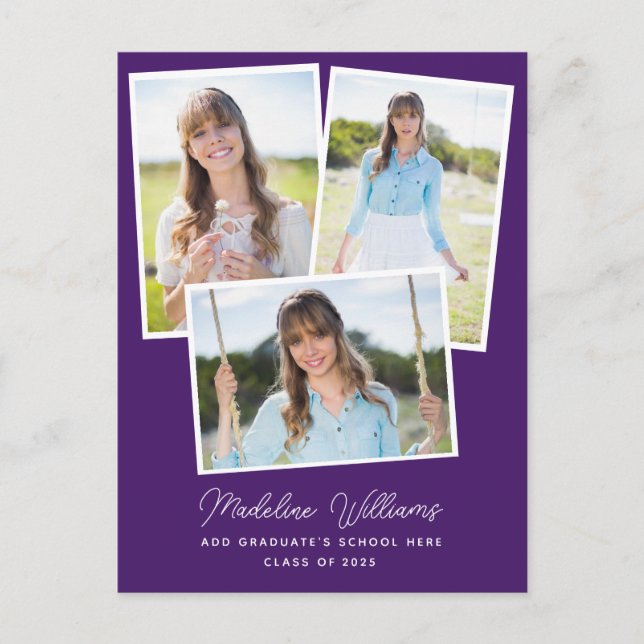 Carte Postale Purple Modern Script Multi Photo Graduation (Devant)