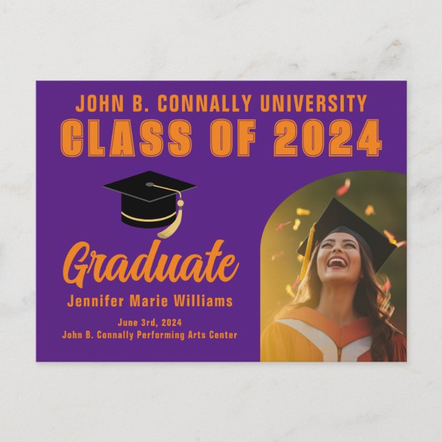 Carte Postale Purple Orange Graduate Photo 2024 Graduation (Devant)