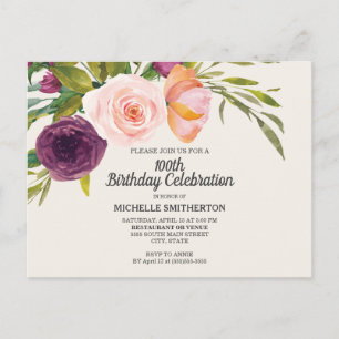 Carte Postale Purple Peach Floral Ivory 100e anniversaire