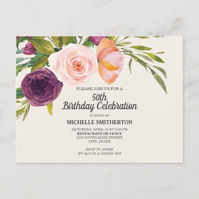 Carte Postale Purple Pêche Aquarelle Florale Ivoire 50e Annivers (Devant)