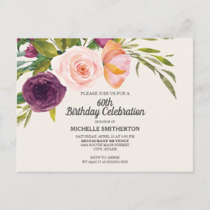 Carte Postale Purple Pêche Aquarelle Florale Ivoire 60e Annivers