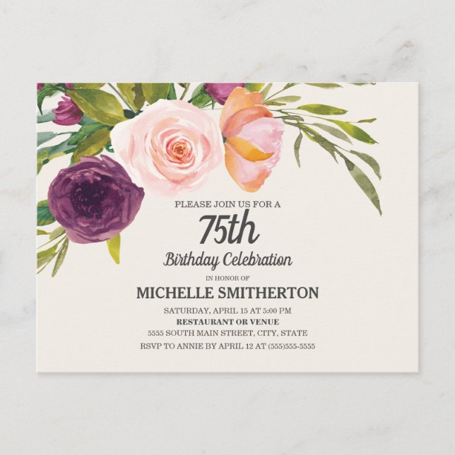 Carte Postale Purple Pêche Aquarelle Florale Ivoire 75e annivers (Devant)