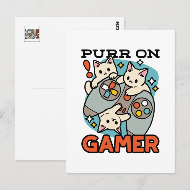 Carte Postale Purr On Gamer - Conception de jeu vidéo avec un ch (Devant / Derrière)