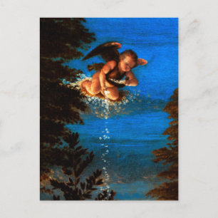 Carte Postale Putto In Blue Sky déverse une cascade de fleurs bl
