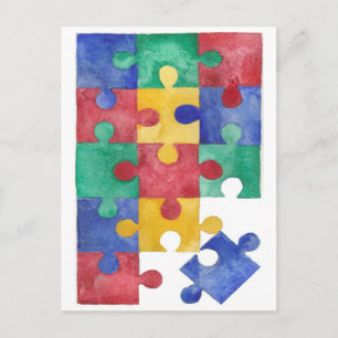 Carte Postale puzzle sensibilisation sur l'autisme aquarelle