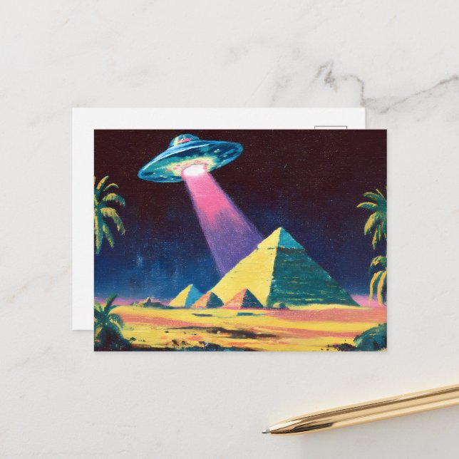 Carte Postale Pyramides égyptiennes UFO Aliens (Devant/Arrière en situation)