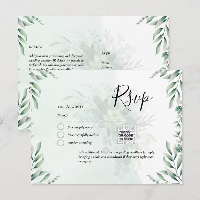 Carte Postale QR CODE RSVP Eucalyptus Feuille Mariage vert Po (Devant / Derrière)