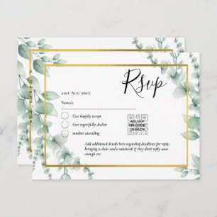 Carte Postale QR CODE RSVP Eucalyptus Feuille Mariage vert Po