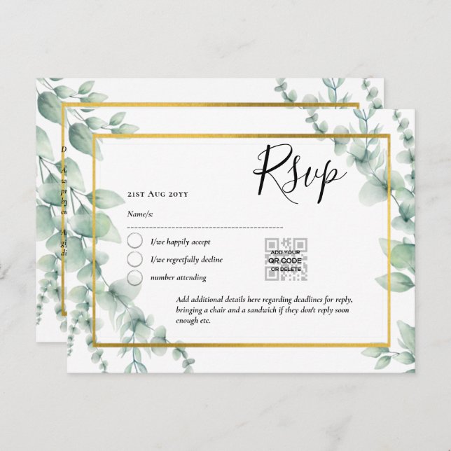 Carte Postale QR CODE RSVP Eucalyptus Feuille Mariage vert Po (Devant / Derrière)
