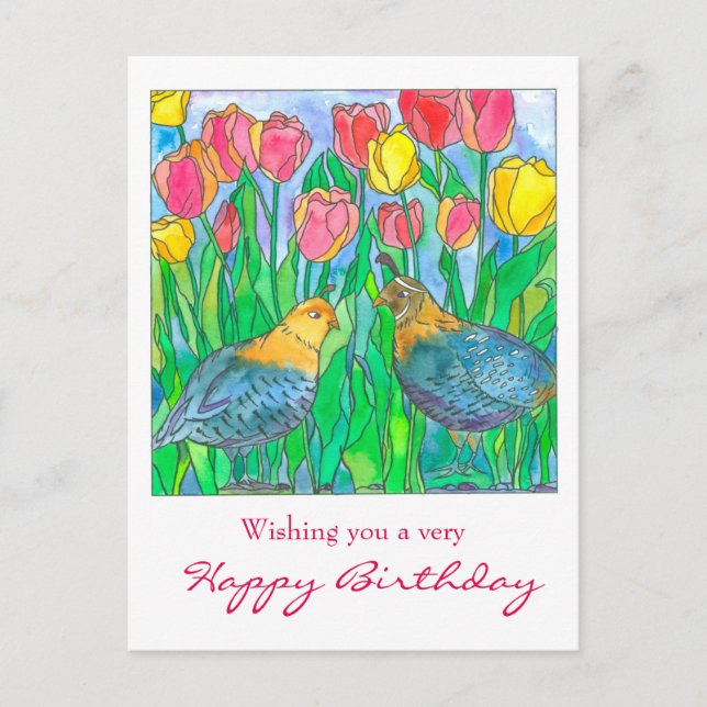 Carte Postale Quail Tulip Garden Joyeux anniversaire (Devant)