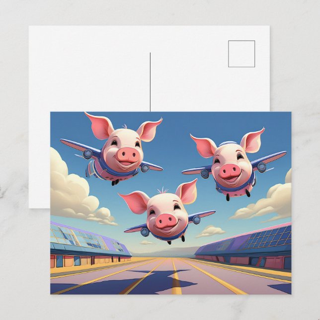 Carte Postale Quand les cochons volent drôle d'aéroport de cocho (Devant / Derrière)