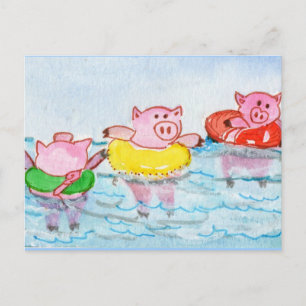 Carte Postale Quand les porcelets flottent - Cochons de natation