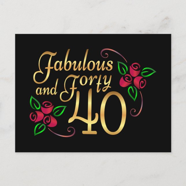 Carte Postale Quarante fabuleux or Noir Roses Rouge Anniversaire (Devant)
