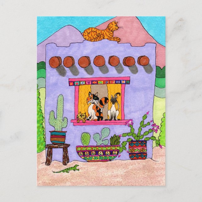 Carte Postale Quatre chats dans une maison violette Adobe House (Devant)