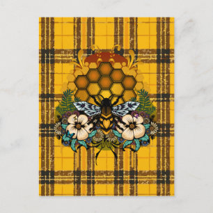 Carte Postale Queen Bee Nid d'Abeille Floral Art Jaune Marron à