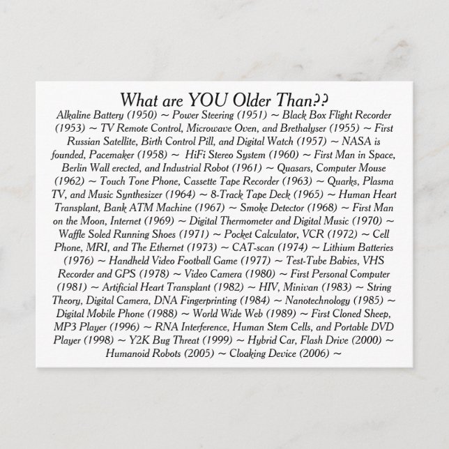 Carte Postale Qu'es-tu plus âgé que (Devant)