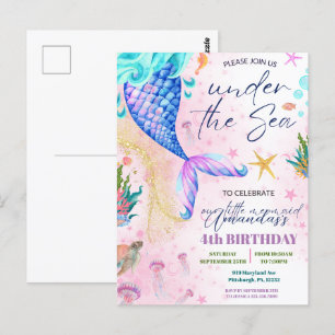 Carte Postale Queue de sirène Aquarelle Anniversaire Sous la mer