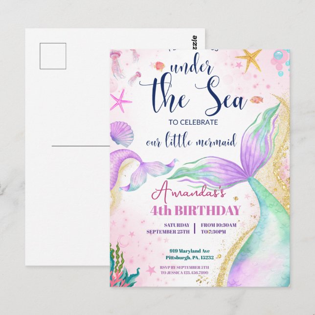 Carte Postale Queue de sirène Aquarelle Anniversaire Sous la mer (Devant / Derrière)