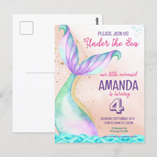 Carte Postale Queue de sirène Aquarelle Anniversaire Sous la mer