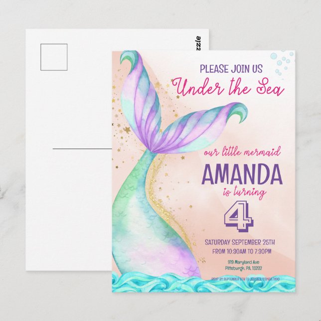 Carte Postale Queue de sirène Aquarelle Anniversaire Sous la mer (Devant / Derrière)