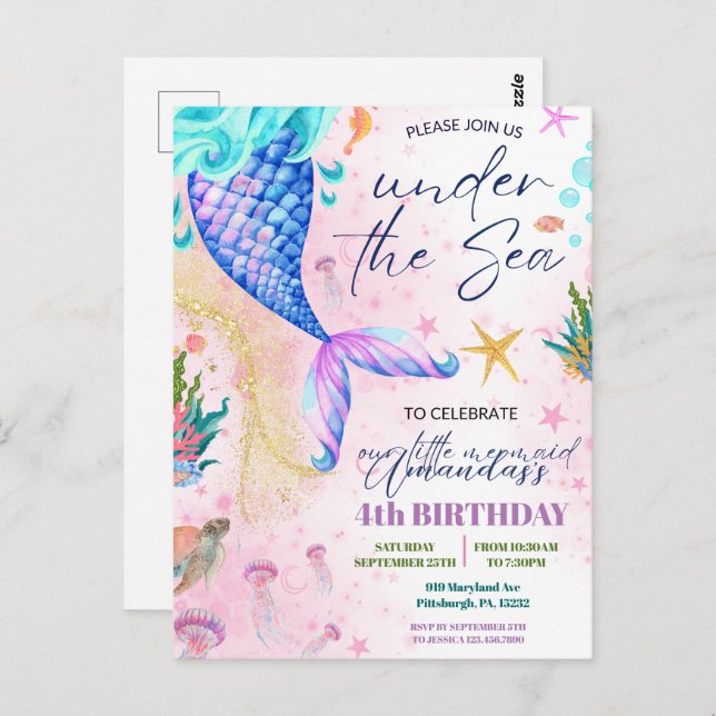 Carte Postale Queue de sirène Aquarelle Anniversaire Sous l'océa (Devant / Derrière)