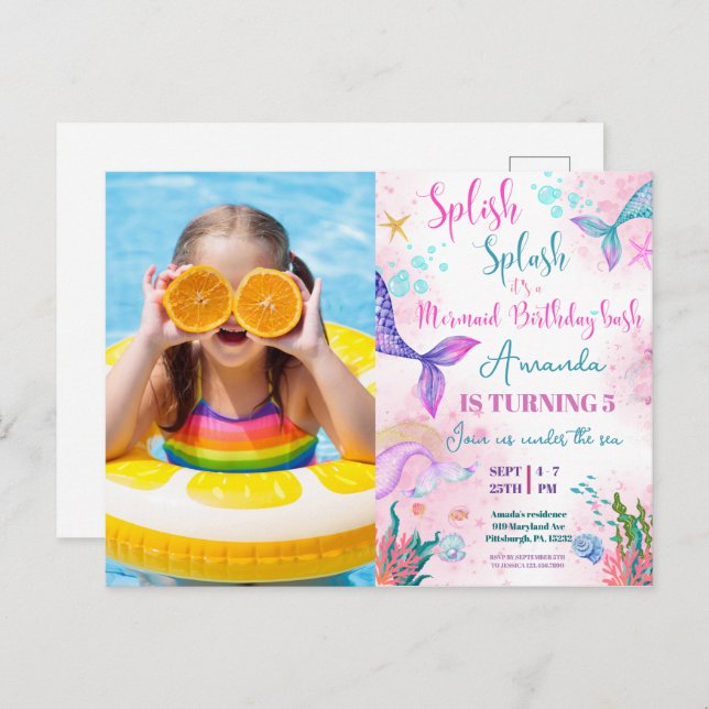 Carte Postale Queue de sirène Aquarelle Anniversaire Sous l'océa (Devant / Derrière)