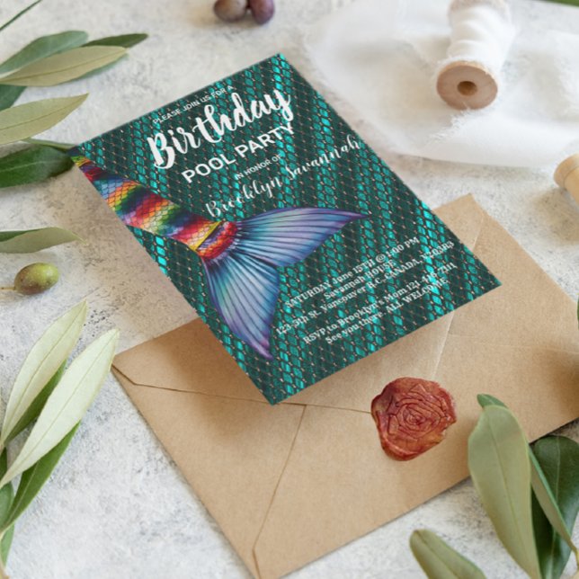 Carte Postale Queue de sirène turquoise or vert Fête de piscine (Créateur téléchargé)
