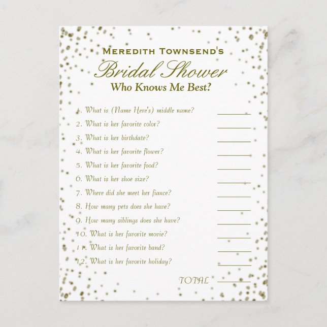 Carte Postale Qui connaît le jeu Me | Confetti d'or (Devant)