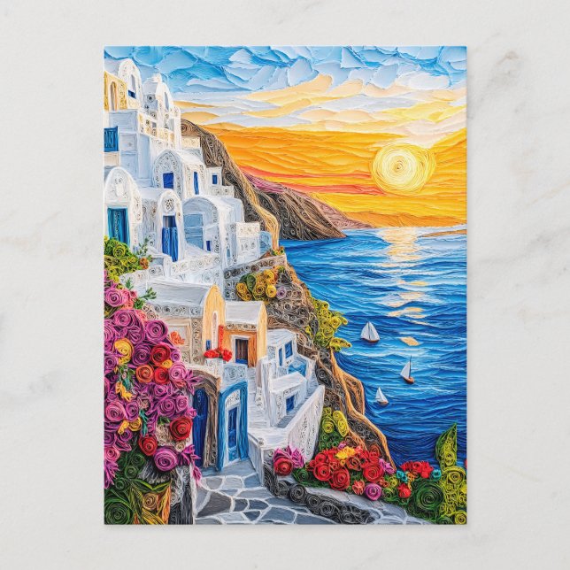 Carte Postale Quilling Coucher de soleil à Santorin Oia (Devant)