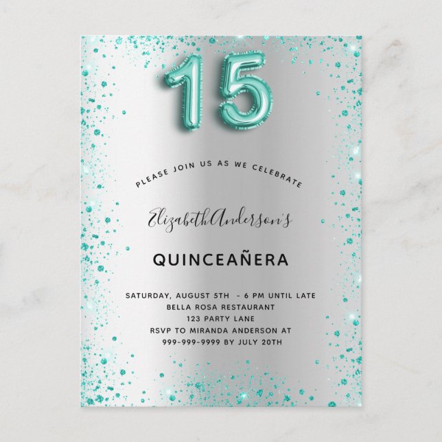 Carte Postale Quinceanera argent turquoise parties scintillant i (Devant)