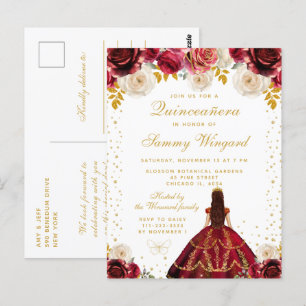 Carte Postale Quinceañera princesse florale rouge