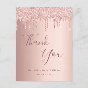 Carte Postale Quinceanera rose gouttes roses or merci