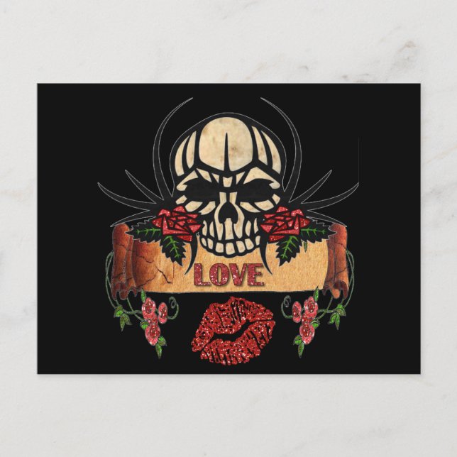 Carte Postale RAB Rockabilly Crâne Roses Amour Rouge à lèvres (Devant)