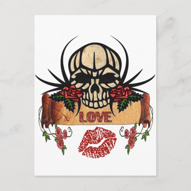 Carte Postale RAB Rockabilly Crâne Roses Amour Rouge à lèvres (Devant)