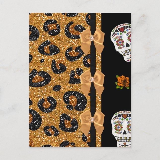 Carte Postale RAB Rockabilly Gold Leopard Print Sugar Skulls (Devant)