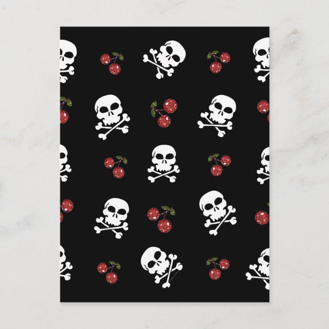 Carte Postale RAB Rockabilly Skuls et Cerises sur Noir (Devant)