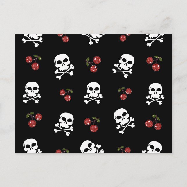Carte Postale RAB Rockabilly Skuls et Cerises sur Noir (Devant)