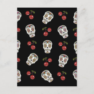 Carte Postale RAB Rockabilly Sugar Skulls Cerises Sur Fond Noir