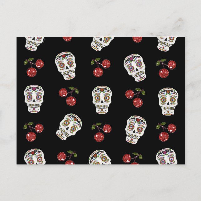 Carte Postale RAB Rockabilly Sugar Skulls Cerises Sur Fond Noir (Devant)