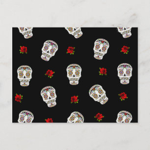 Carte Postale RAB Rockabilly Sugar Skulls Roses sur fond noir