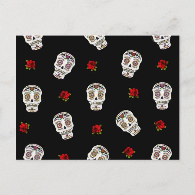 Carte Postale RAB Rockabilly Sugar Skulls Roses sur fond noir (Devant)