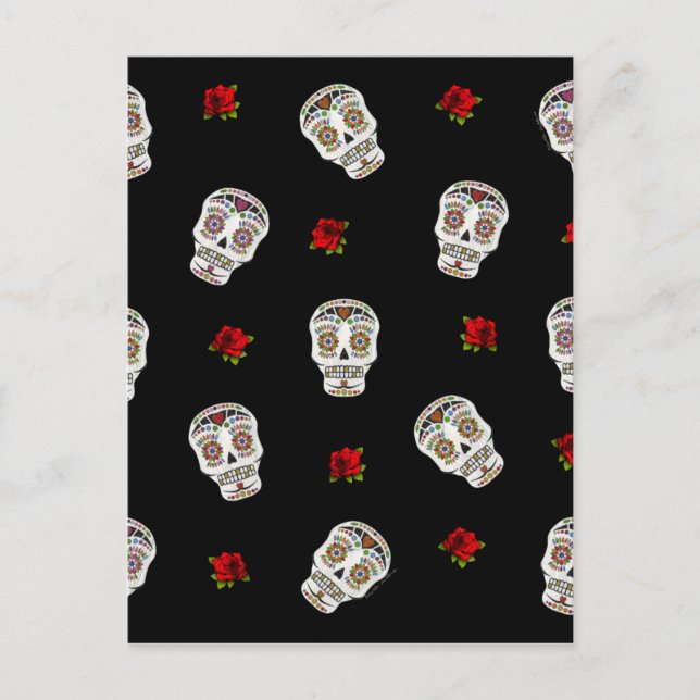 Carte Postale RAB Rockabilly Sugar Skulls Roses sur fond noir (Devant)